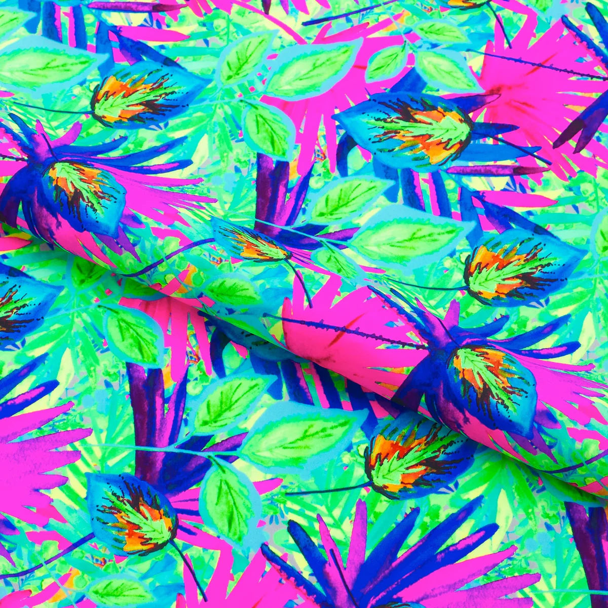 Colorful tropical leaf pattern with neon greens, pinks, and blues.